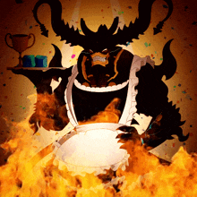 a monster in a maid apron is holding a tray of cups