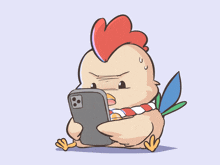 a cartoon of a chicken holding a cell phone with a surprised look on its face