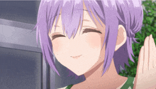 a close up of a girl with purple hair smiling with her eyes closed