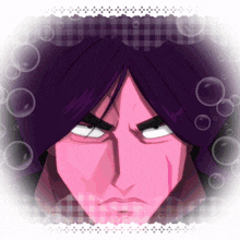 a cartoon drawing of a man with purple hair and a pink face