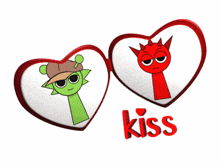 a couple of hearts with cartoon characters and the word kiss below them