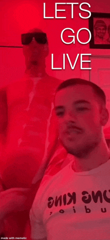 a close up of a man 's face with the words let 's go live
