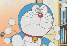 a cartoon character with a bell around his neck is making a funny face
