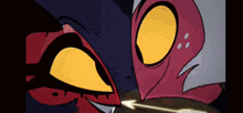 a close up of a cartoon character with yellow eyes