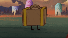 a cartoon drawing of a suitcase with arms and legs standing in a field