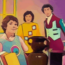 a group of people standing around a brown vase