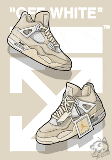 a drawing of a pair of off white sneakers on a beige background