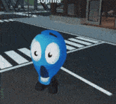 a cartoon character with a surprised look on his face is standing on a street