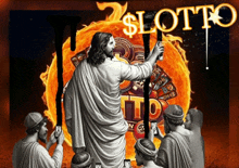 a painting of jesus standing in front of a sun with the word lotto written above him