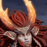 a samurai with long red hair is wearing a helmet with horns and glowing eyes .