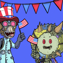 a cartoon of a monkey and a monster holding flags