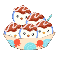 a cartoon illustration of a bowl of food with penguins and octopus on it