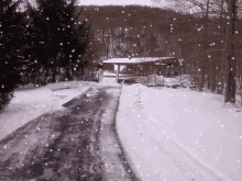a snowy road with a house in the background and snow falling