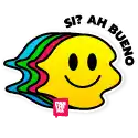 a colorful smiley face with the words `` si ? ah bueno '' written around it .