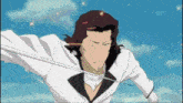 a man in a tuxedo is holding a sword in his hand