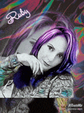 a picture of a woman with purple hair and the name ruby on it