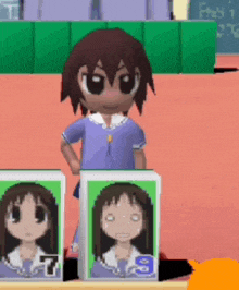 a little girl in a purple shirt is standing in front of three pictures of her