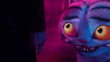 a close up of a cartoon cat 's face with big yellow eyes