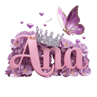 the name ana is surrounded by purple flowers and butterflies