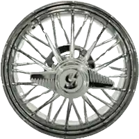 a close up of a motorcycle wheel with the letter s on the center