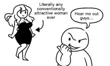 a cartoon of a woman in a black dress talking to a man in a speech bubble .