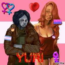 a man and a woman standing next to each other with yuri written in red on the bottom