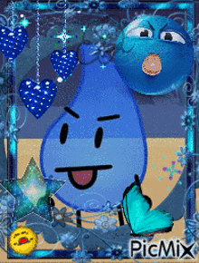 a picture of a water drop with a smiley face and a butterfly in front of it