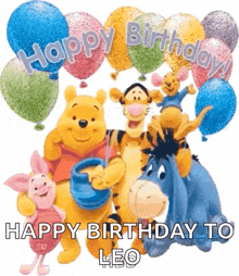 a picture of winnie the pooh and his friends with balloons and the words happy birthday to leo
