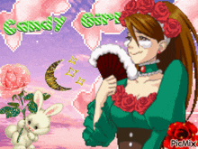 a pixel art of a woman holding a fan and the words candy girl behind her