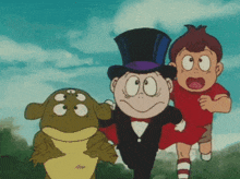 a group of cartoon characters including a frog and a man in a top hat are running