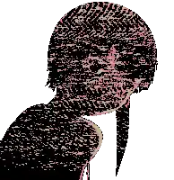 a pixel art drawing of a person 's face with a pink and tan striped background