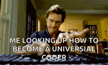 a man is looking up how to become a universal coder while typing on a computer keyboard .