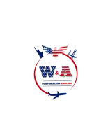 a logo for w & a corporacion english with a statue of liberty