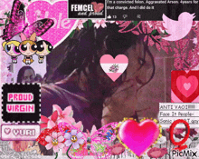 a collage of pink hearts and flowers with the words femcel and proud on it