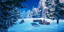 a snowy forest with a sleeping bag and a fire pit