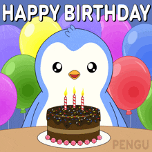 a happy birthday card with a penguin and a cake with candles