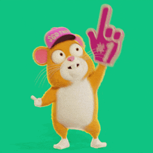 a hamster wearing a pink hat is holding up a foam finger that says # 1