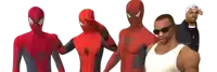 a group of men in spiderman costumes are standing together