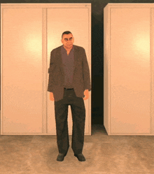 a man in a suit and tie is standing in front of a closet