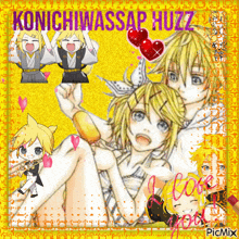 a picture of a boy and a girl with the words konichiwassap huzz on it