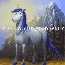 a cartoon unicorn with wings and the words " i am slowly losing my sanity " below it