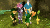 a group of cartoon characters are standing in a field with a sign that says ' a ' on it