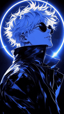 a man wearing sunglasses and a black jacket is standing in front of a blue circle .
