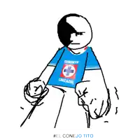 a drawing of a person wearing a blue shirt that says cemento cruzazul
