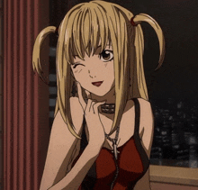 a blonde anime girl with pigtails is wearing a choker