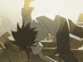 a cartoon drawing of a man laying on his back with boxes in the background