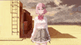 a girl with pink hair and a red bow tie is standing on a rooftop