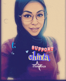 a woman wearing glasses and a hijab with the words support chinta on the bottom