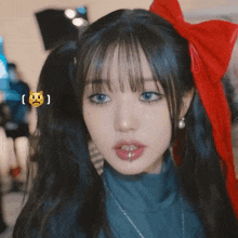 a girl with pigtails and a red bow in her hair has an angry face on her face