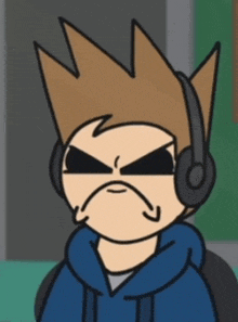 a cartoon character wearing headphones and a blue hoodie